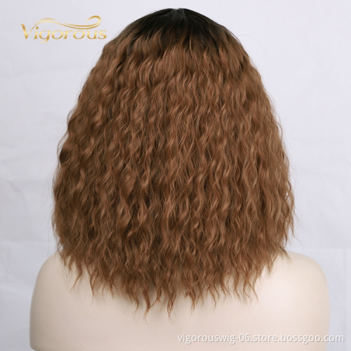 Black Root High Quality Bob Cut Fiber Lace Front Loose Wave Ombre For Women Short Synthetic Hair Brown Wigs